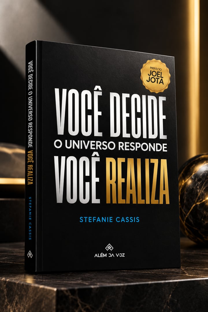 O livro Você Decide. O Universo Responde. Você Realiza. sobre uma mesa de mármore escuro