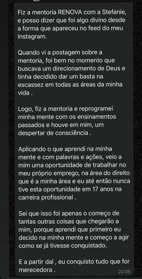 Mensagem: fiz a mentoria RENOVA e veio uma oportunidade que eu nunca tive em 17 anos de carreira